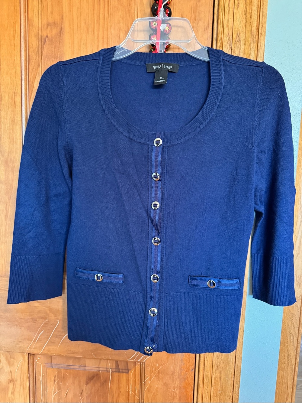 White House Black Market Navy Button-Front Knit Cardigan